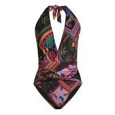 Farm Rio Women's Diagonal Scarfs One Piece Swimsuit Swim Suit Bathing Halter LG