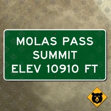 Molas Pass Colorado summit elevation 10910 highway road guide sign 1962 24x12