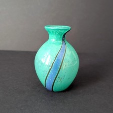 Handblown Studio Art Glass Green Vase with Blue and Black Stripe 4.25" Tall