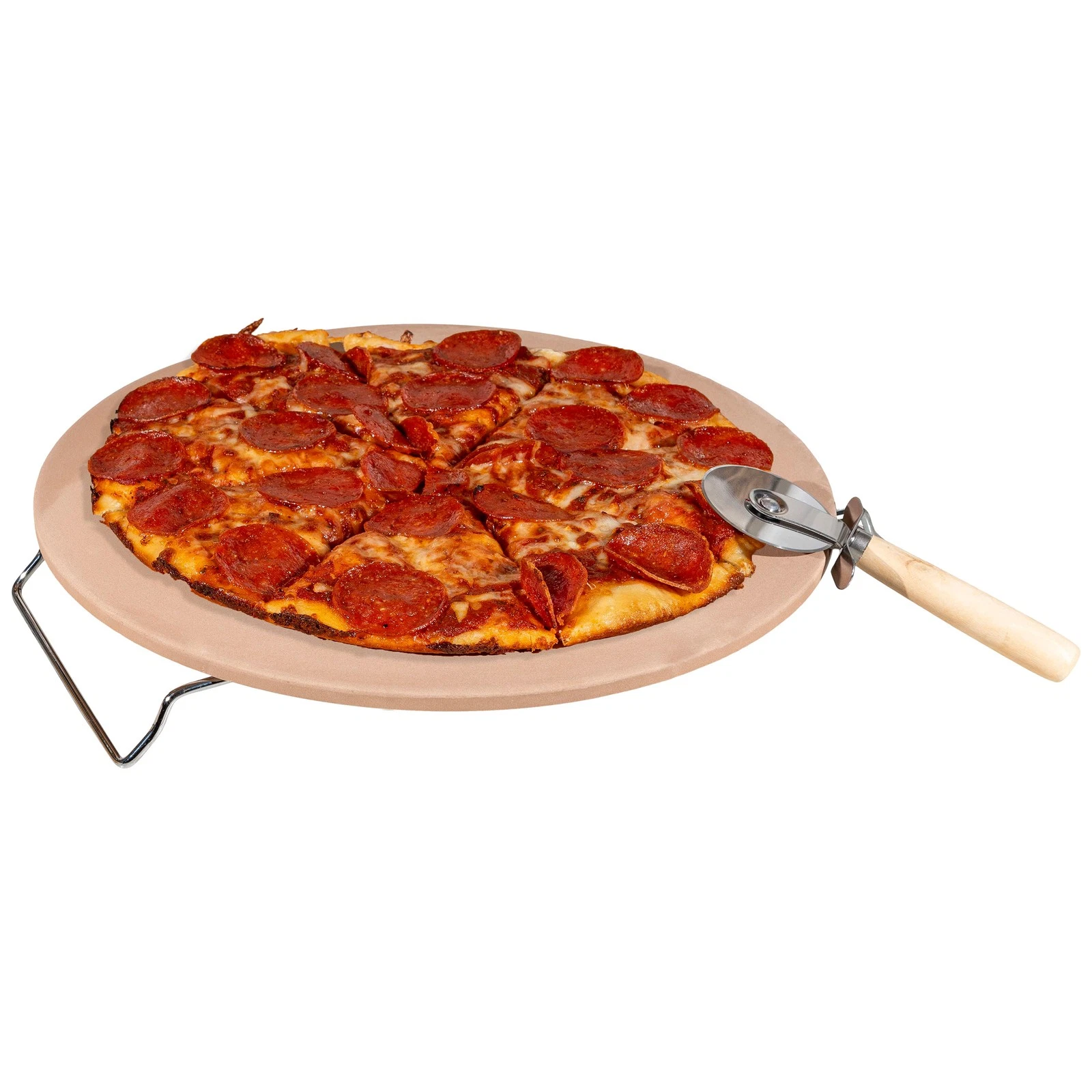 Pizza Stone 15in Pizza Stone with Pizza Cutter and Metal Serving Rack/Handles