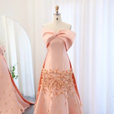 Luxury Blush Pink Satin Mermaid Evening Dress 3D Flowers Wedding Prom Party Gown