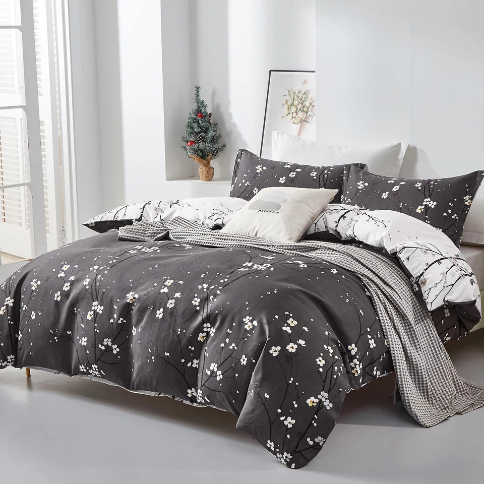 Juego de Funda Nórdica Floral Queen, Gris Oscuro 3 Piezas Flor Ciruela Estampado... Foto 2 de 4