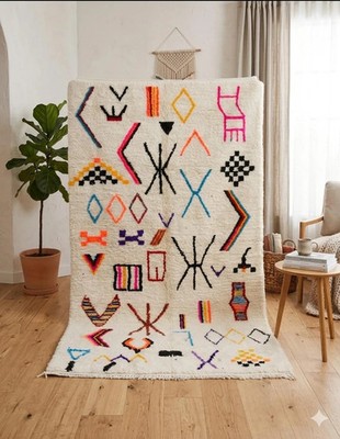 Handmade Berber Wool Carpet - Colorful Abstract Tribal Design - Unique Boho