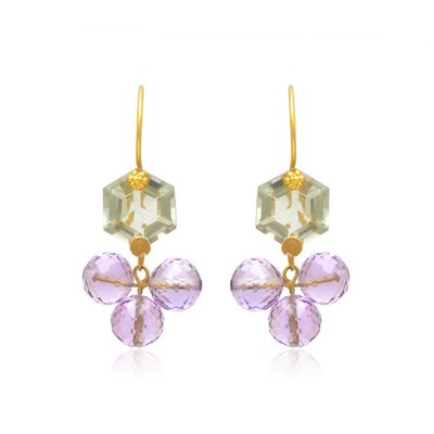 22K Yellow Gold Green Amethyst 10mm & 7mm Amethyst Dangle Drop Earrings