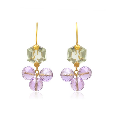 #ad #ad 22K Yellow Gold 10mm Green Amethyst amp; 7mm Amethyst Dangle Drop Earrings Handmade $499.50