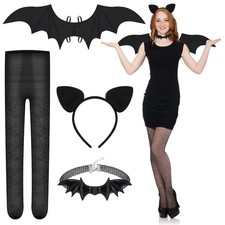 Halloween 4 Pcs Black Bat Costume Set Includes Wing Ears One Size,