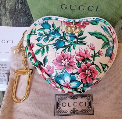 NEW GUCCI OPHIDIA LEATHER HEART FLORAL KEY CASE COIN PURSE BAG