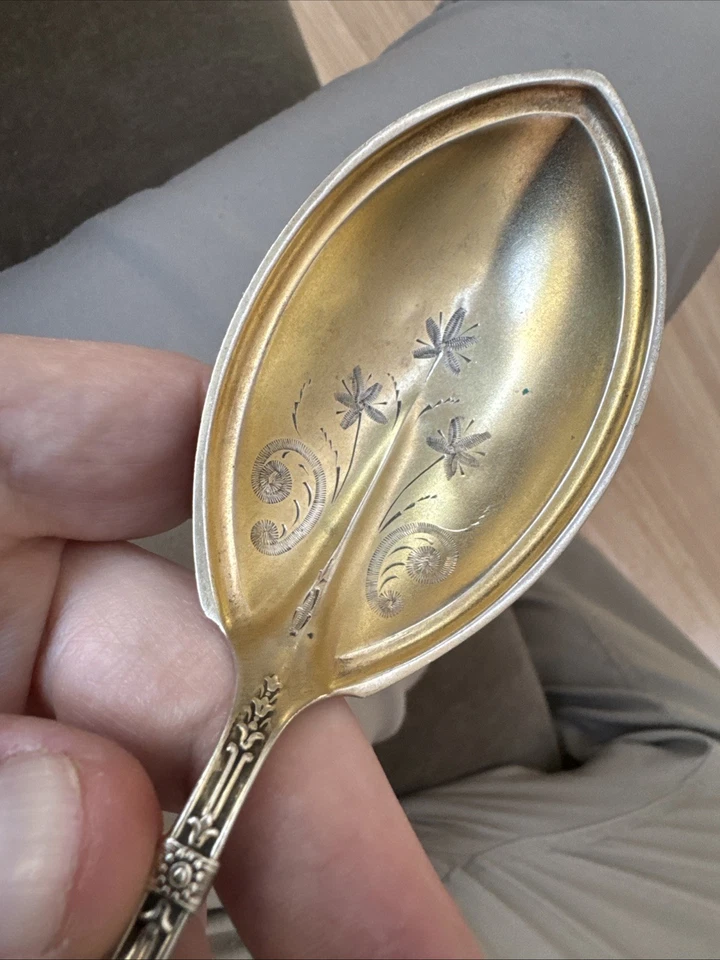 Antique Whiting Gilt Sterling Silver Arabesque Serving Spoon 1870’s 34 Gr 7.5” - Image 4 of 4