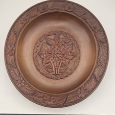Hand Carved Wooden Floral Round Bowl Folk Art Matte Finish Brown