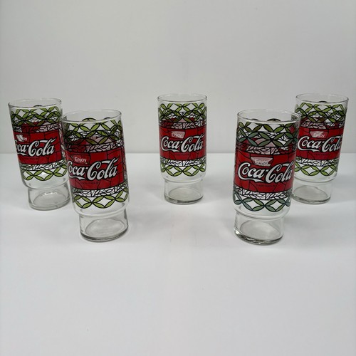 Vintage 70er Jahre Coca Cola Tumbler Trinkgläser 5er Set Tiffany Stil 6"