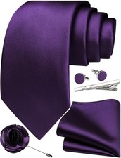 Solid Color Ties for Men Silk Satin Necktie and Pocket Square Cufflinks Purple