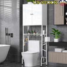 Eco-Friendly Over-The-Toilet Storage Cabinet W/ Privacy Doors & Towel Hooks New