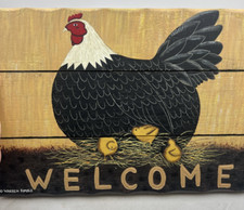 VINTAGE Wood Welcome Sign CHICKEN  CHICKS Rustic Country Farm 14x9"