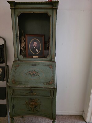 Antique Italian Hand-Painted Secretary Writing Desk   Floral Tole, Drop-Front   