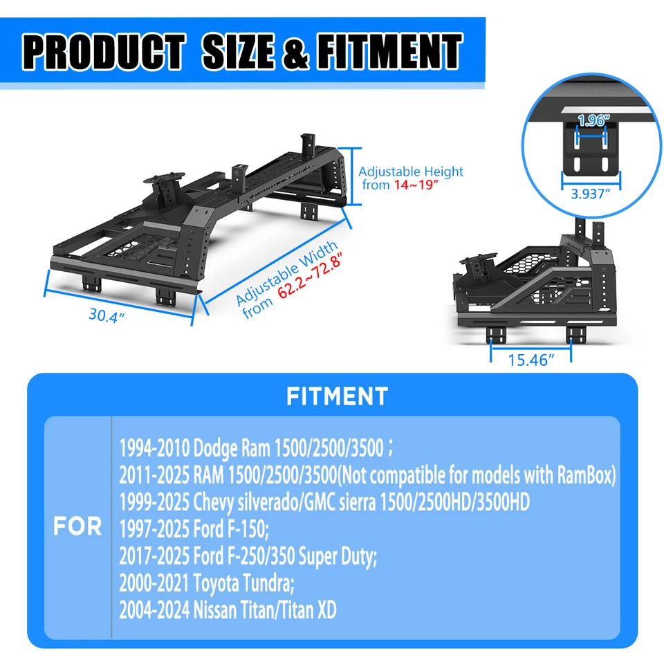 Adjustable Roof Rack Roll Sport Bar For 1999-2025 GMC sierra 1500/2500HD/3500HD Foto 3 de 4