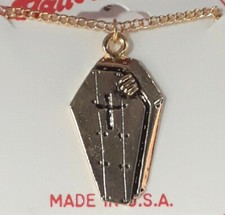 Halloween 18 inch Coffin Shaped Necklace in Antique Gold Plate Made in USA NEW