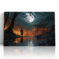 Samurai Warrior Moon Canvas Print Wall Art – Japanese Temple Night Home Decor
