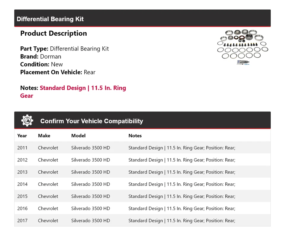Задний комплект дифференциальных подшипников для Chevrolet Silverado 3500 HD Dorman 2011-2017 годов выпуска - Изображение 2 из 4