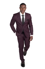 Slim Fit 2 Button Men Plaid Windowpane Burgundy Wine Suit Notch Lapel AZAR 18335