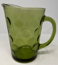 Green Glass Pitcher Vintage 1960's Hazel Atlas Eldorado Dot Pattern 8" x 6"