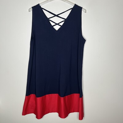 NWT LOFT Plus Shift Navy/Red Sleeveless V Neck Cross Straps Back Dress SZ 20/22.