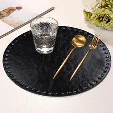 Black Faux Leather Placemats 13.78Inches Round Placemat Set of 4 Heat Resista...
