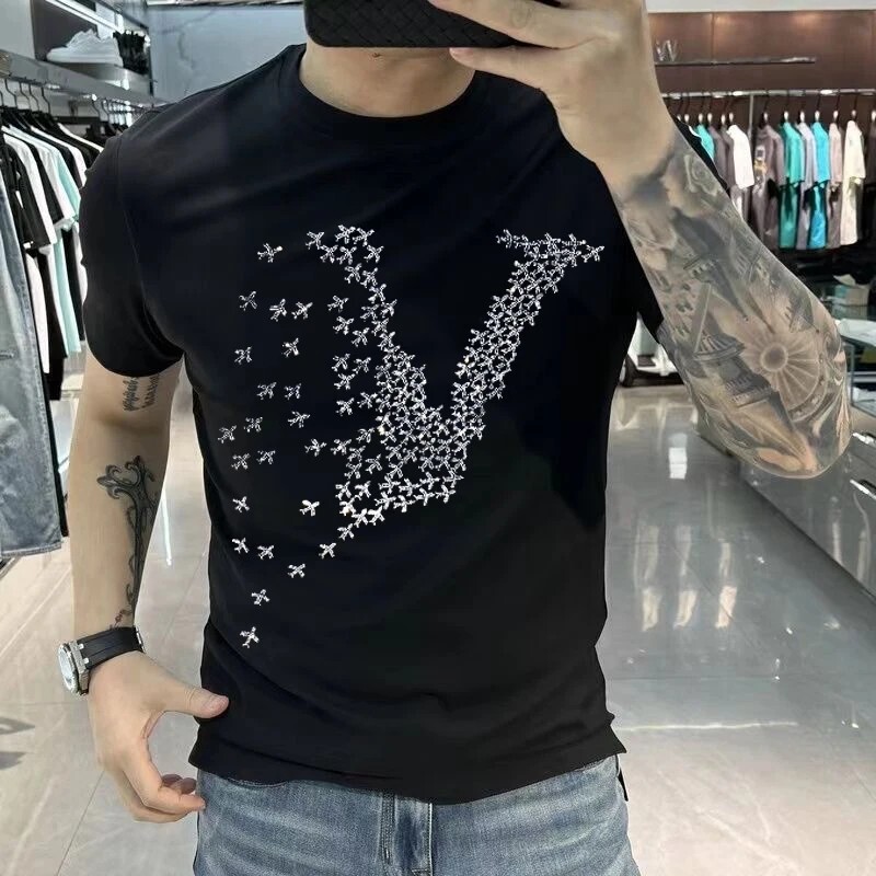 Nueva Camiseta Hombre Lujo Diamante Moda Estrás Moda Alta Calidad 4 Colores