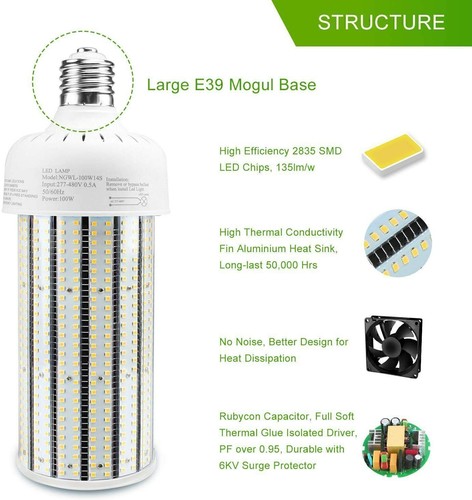 AC277-480V LED Bulb 100W Corn Cob Light Bulb E39 5000K Lamp Replace for 400W HID - Picture 4 of 11