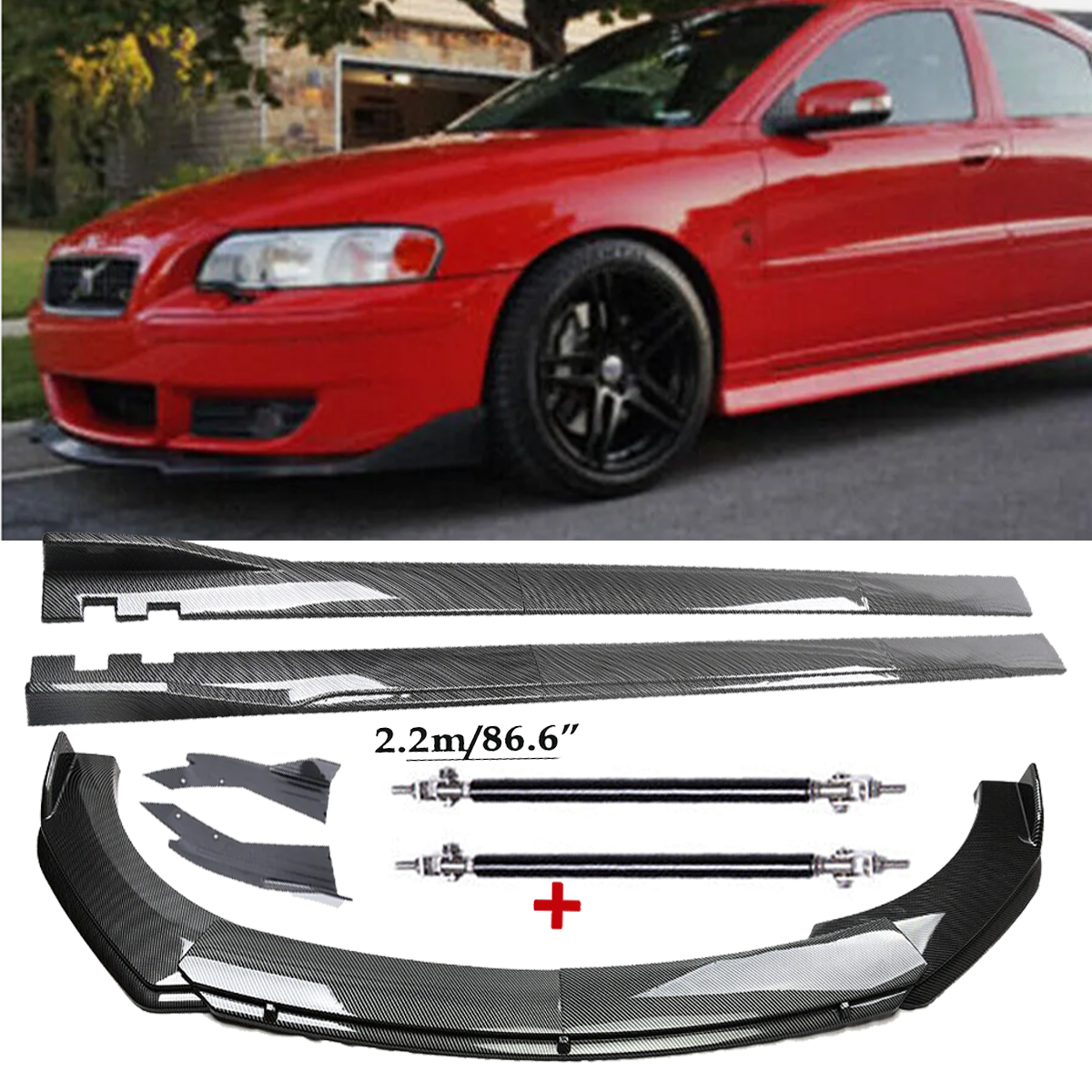 Carbon Fiber Front Bumper Lip Spoiler 86.6in Side Skirt Compatible with Volvo S40 S60 S70 S80