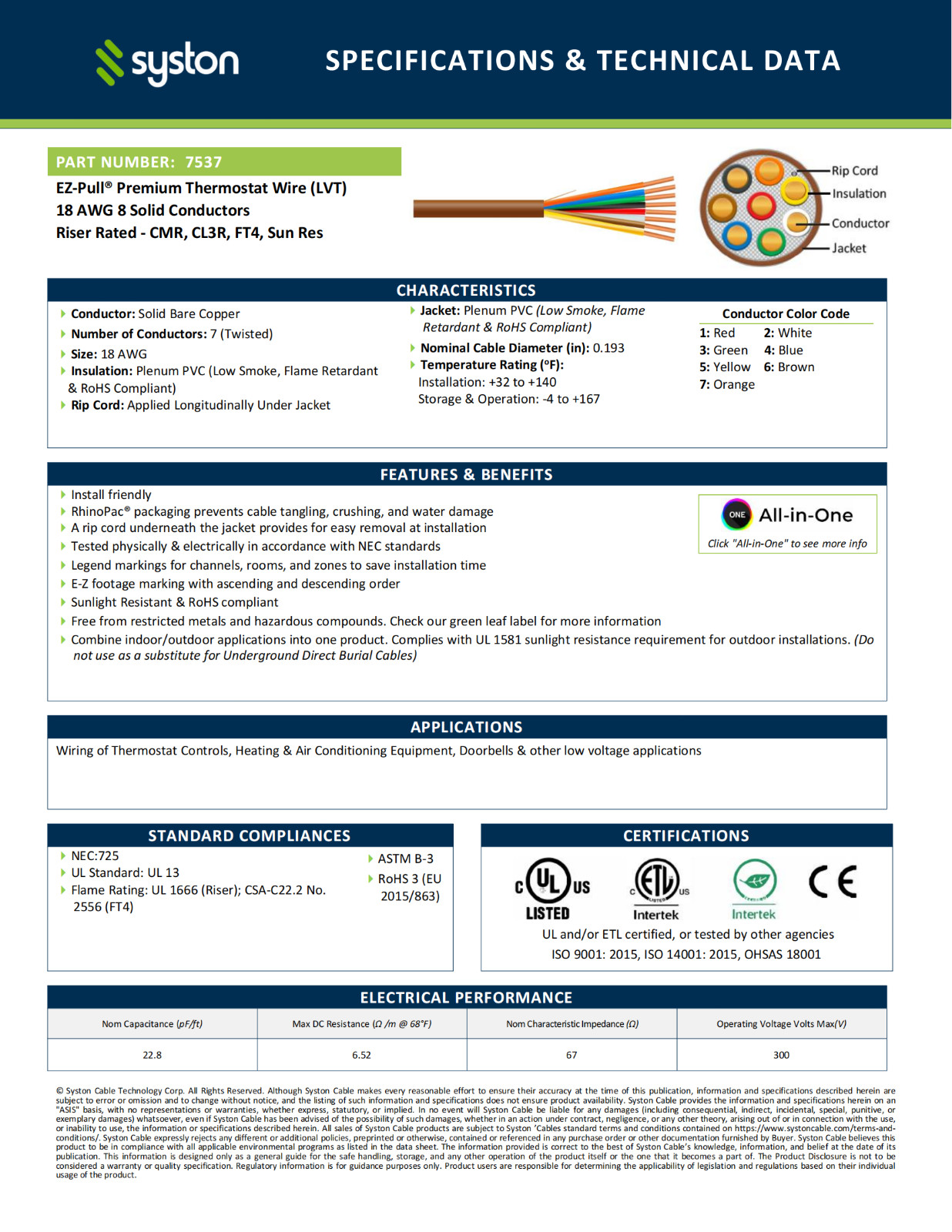 Syston 18/8 Thermostat HVAC Cable Wire 18 AWG 8C Copper CL3R White Cut to Order