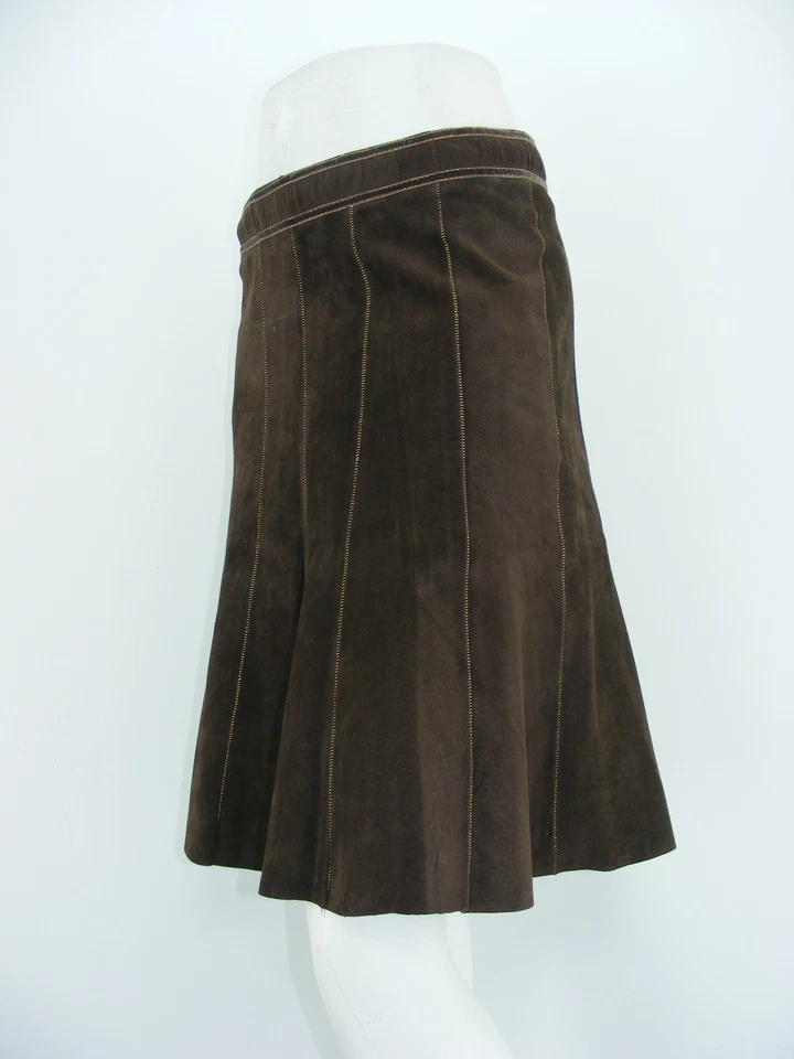 Falda JUNIO 100% Cuero Real Marrón Gamuza con Tubería Forrada Línea A Talla 2 - W30" x L21 Foto 2 de 4