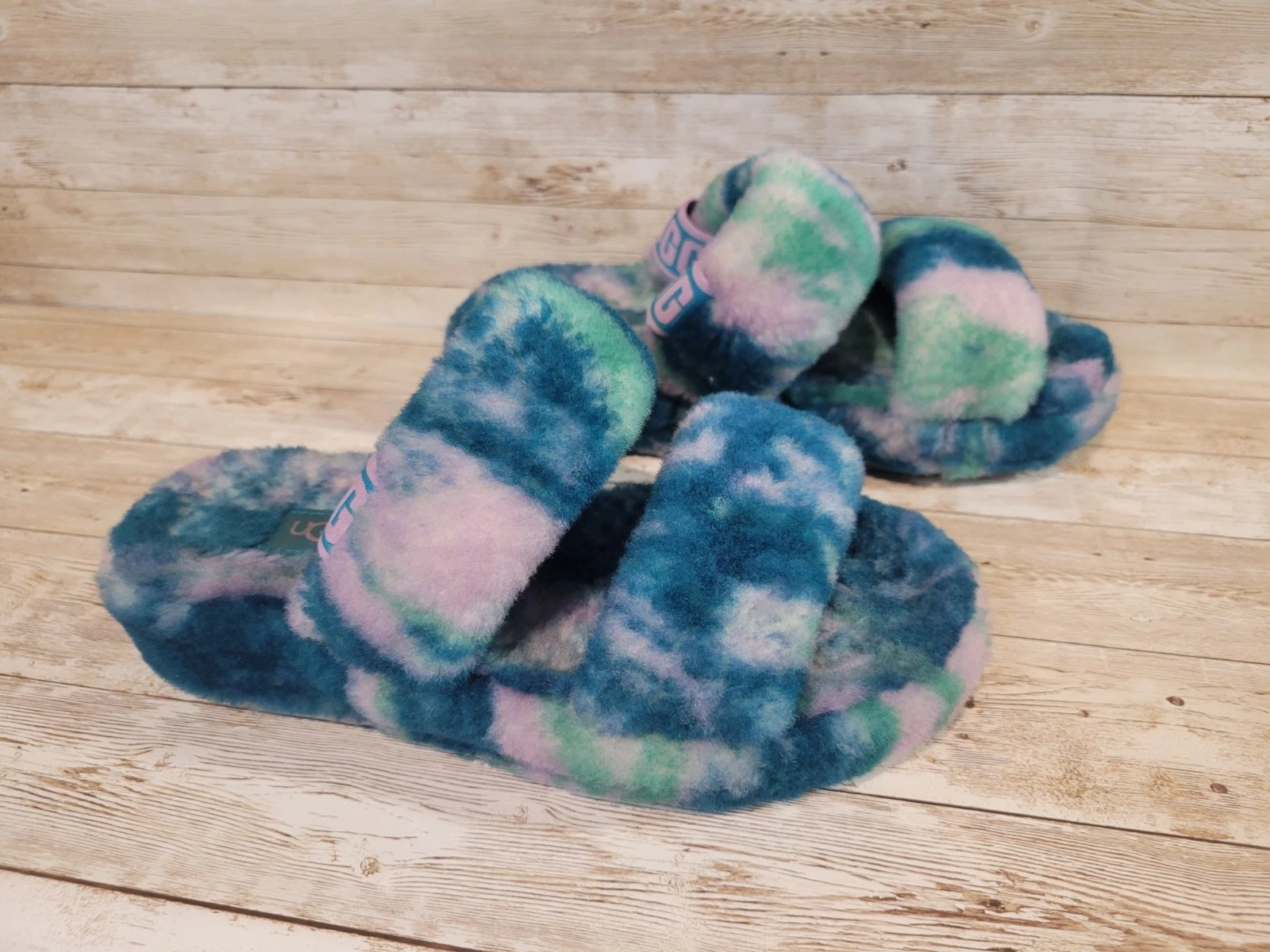 UGG Oh Yeah Marble Fluff Slide Sandalo Shearling Doppio Cinturino Donna Taglia 6