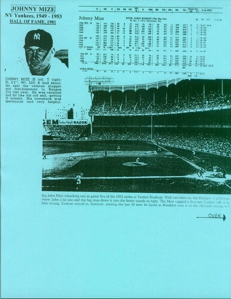 287, Johnny Mize HOF, Original Signed/Autograph, Index Card, Yankees, "1949-53" - Image 2 of 4