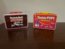 One 1990's Tootsie Roll Midgees and one Tootsie Pops Miniature Tin Lunch Box