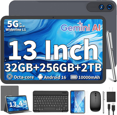 2026 13 Inch Android 16 Tablet with Keyboard, 32GB+256GB+2TB