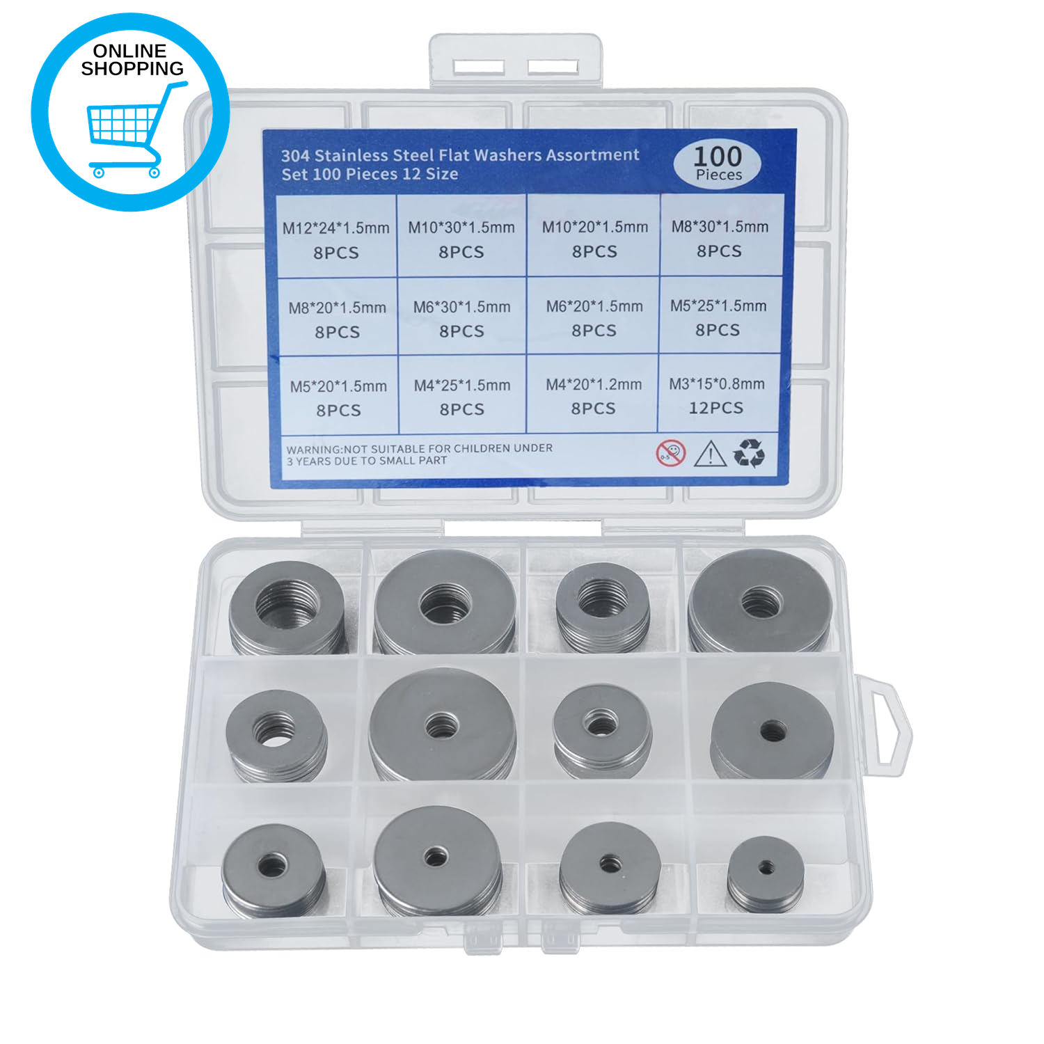 100PCS 304 Stainless Steel Washers Assortment Kit, Silver Penny Washers for Scre