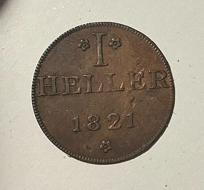 1821 Frankfurt 1 Heller KM# 301 Copper German States Free City Crowned Eagle