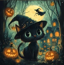 Black Cat Diamond Art Kits for Adults-Halloween 5D Diamond Painting Kits for Adu