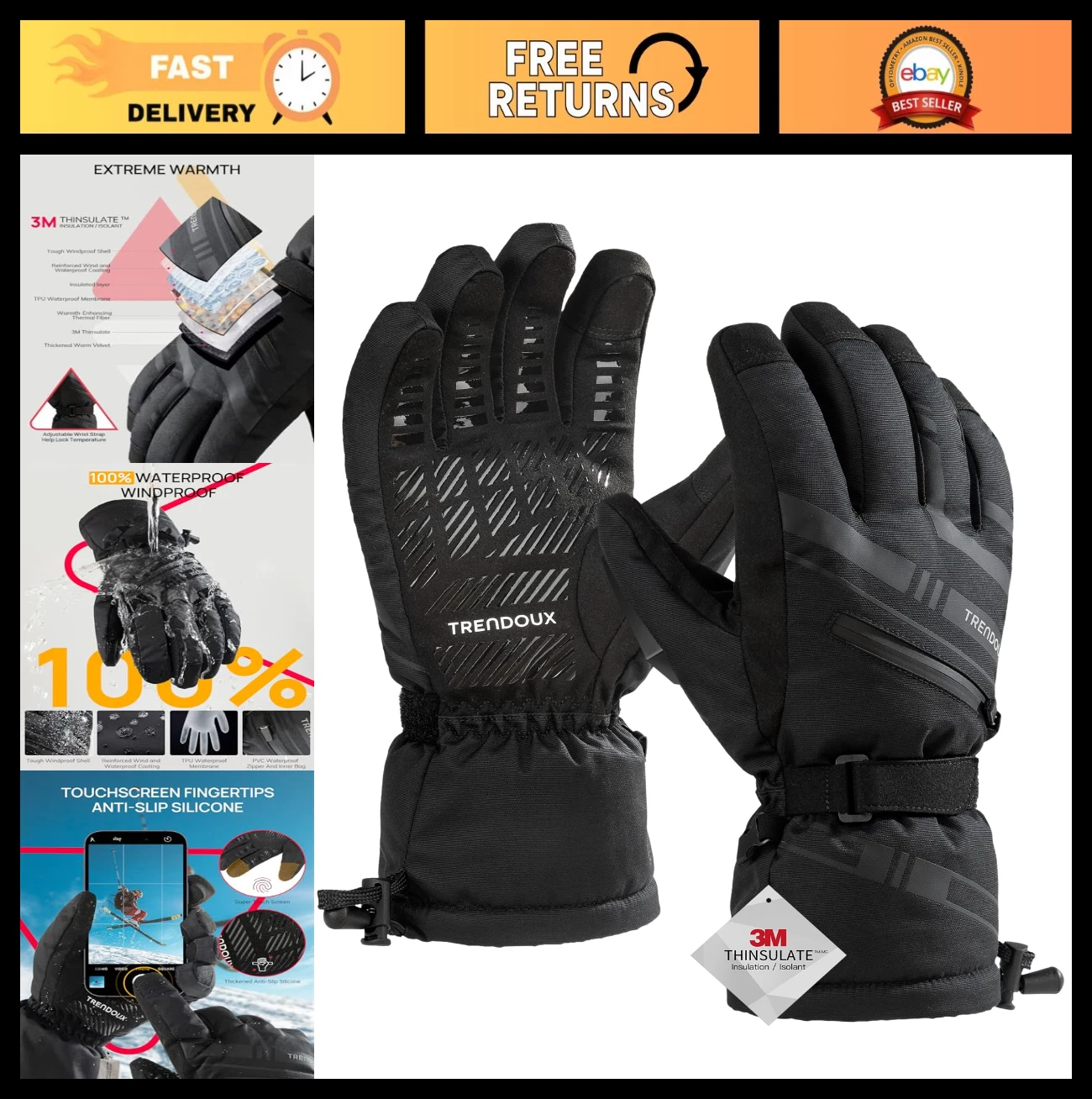 Waterproof Winter Ski Snow Gloves - Insulated Touchscreen, Windproof, Warm, Cold
