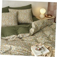 - Floral Comforter Set, Cute Vintage Flower Cottagecore Queen Olive Green