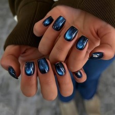 Ocean Blue Cat Eye Press on Nails Short Square, Black Fake square black blue