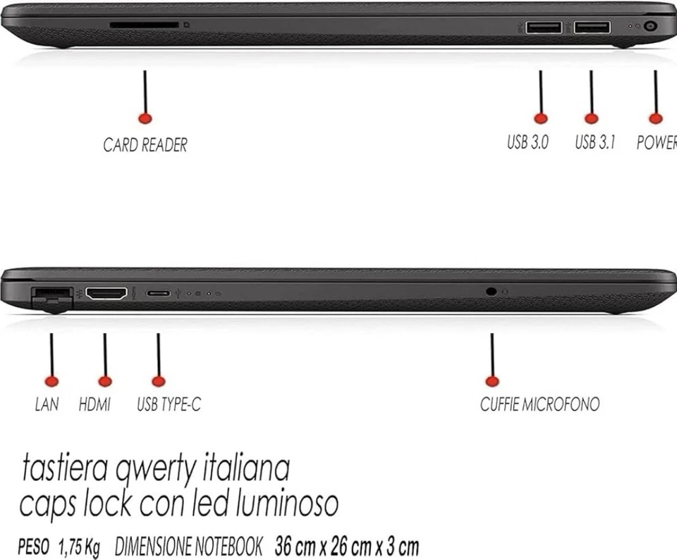 HP 250 G9 15,6" (256GB SSD, Intel Celeron N4500, 1,1GHz, 8GB RAM) Notebook -... - Immagine 3 di 4