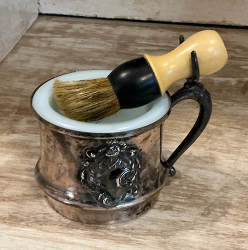 ✨ Vintage Silver Plate Shaving Mug w/ Milk Glass Insert & Brush Light UV Glow ✨