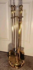SOLID BRASS FIREPLACE SET Poker Tongs Shovel Broom  & Stand 31" Tall EXCELLENT 