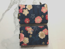 NEW 2x Floral Print Sewn Cloth Blue Zipper Coin Change Purse Wallet Wristlet