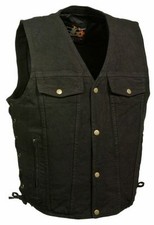 MEN'S BLK DENIM MOTORCYCLE VEST WITH SIDE LACES 6 POCKETS W/GUN  CHEST POCKETS