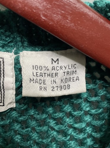 Forum Vintage 80s Color Block Green Chunky Leather Trim Knit Cardigan Sweater Md - Picture 5 of 6