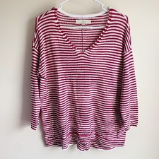 Loft Red White Striped Split Back 3/4 Sleeve Pullover Sweater Size XS Oversized