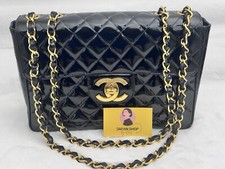 CHANEL Vintage Black Classic Large Jumbo Single Flap XL Logo Bag Patent RARE