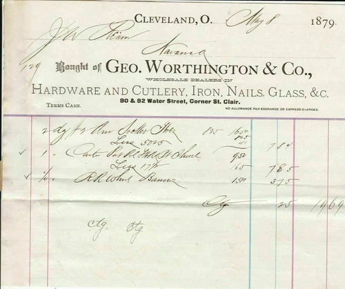 U.S.A. Geo. Worthington & Co Water Street Cleveland Hardware Etc Invoice Rf37459